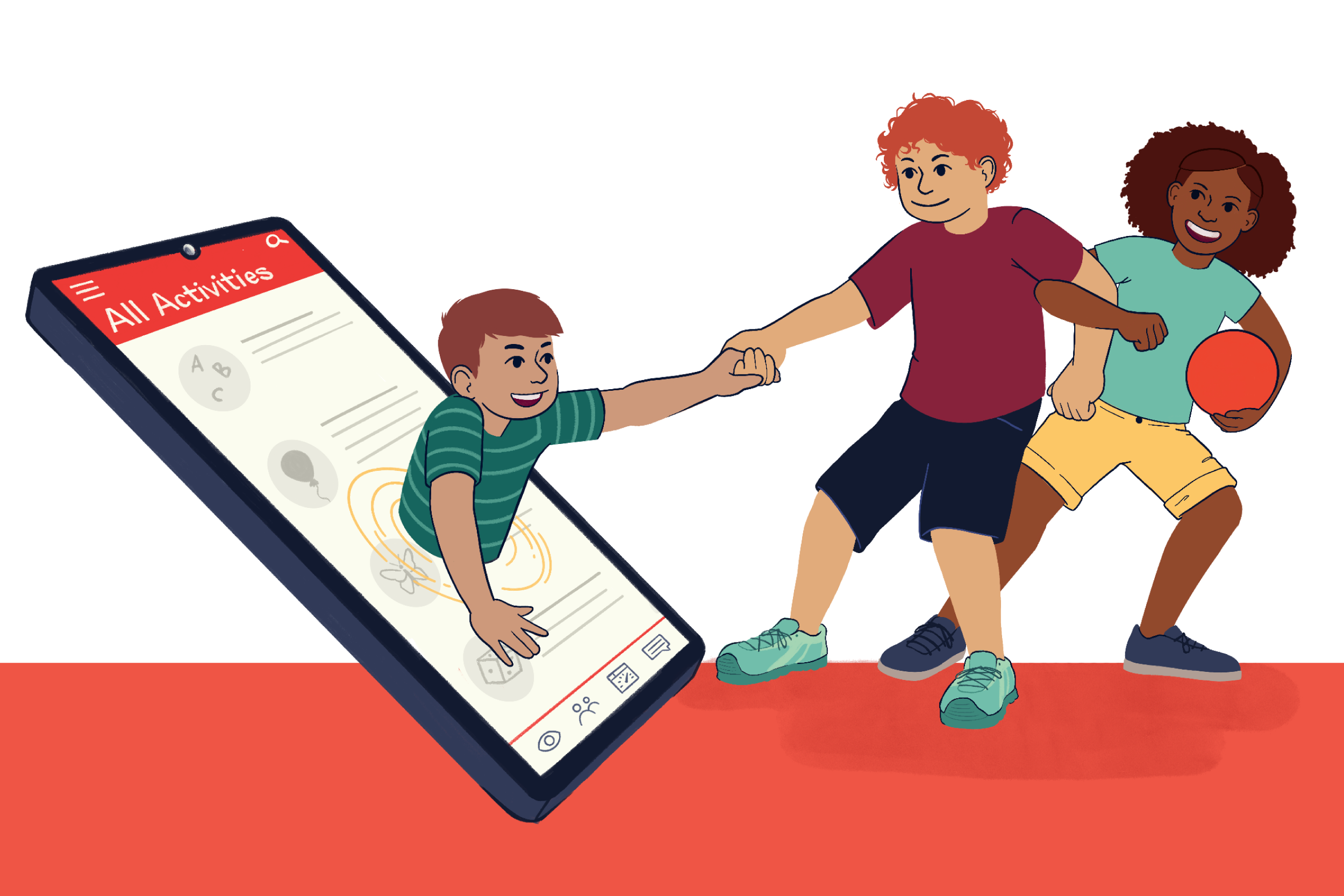 Illustration of two kids helping pull another kid out from a large phone