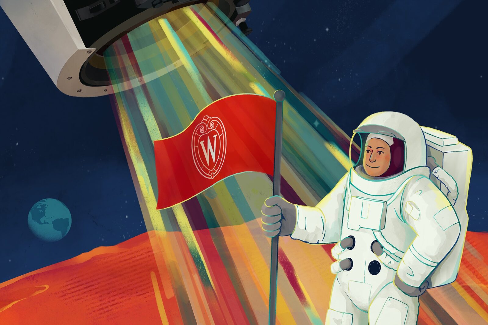 Illustration of an astronaut on Mars placing a UW Madison flag on the surface