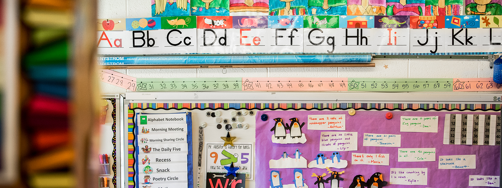 classroom wall showing art projects by students in the class