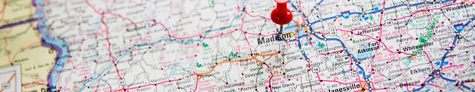 Map with pin on Madison, Wisconsin