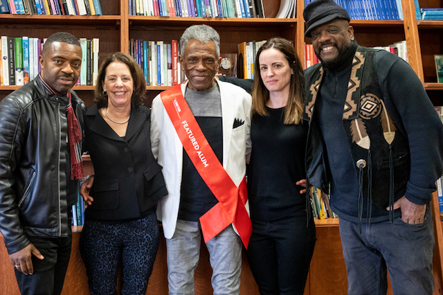 André De Shields poses for a photo with Faisal Abdu'Allah, Dean Diana Hess, Kate Corby, and Baron Kelly.