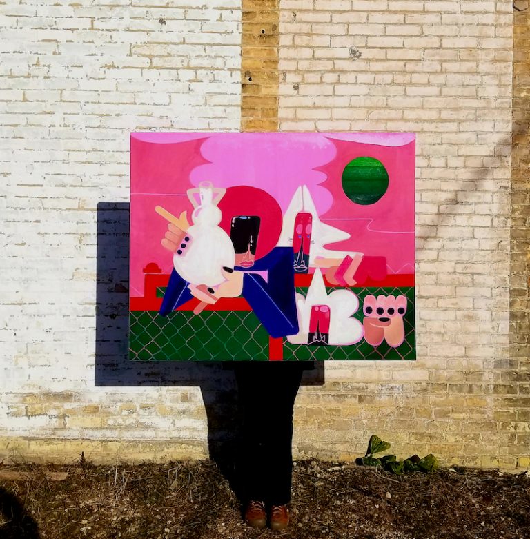 This is, “The Five Seasons,” a 42-inch by 53-inch oil painting on canvas by Guzzo Pinc that is part of his “EGGS” MFA show.