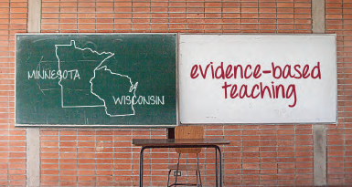chalk board depicting Minnesota and Wisconsin with the words evidence-based teaching