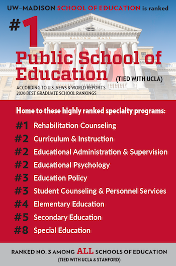 UW-Madison School of Education is ranked number 1 Public School of Education according to U.S. News and World Reports 2020 Best Graduate School Rankings
