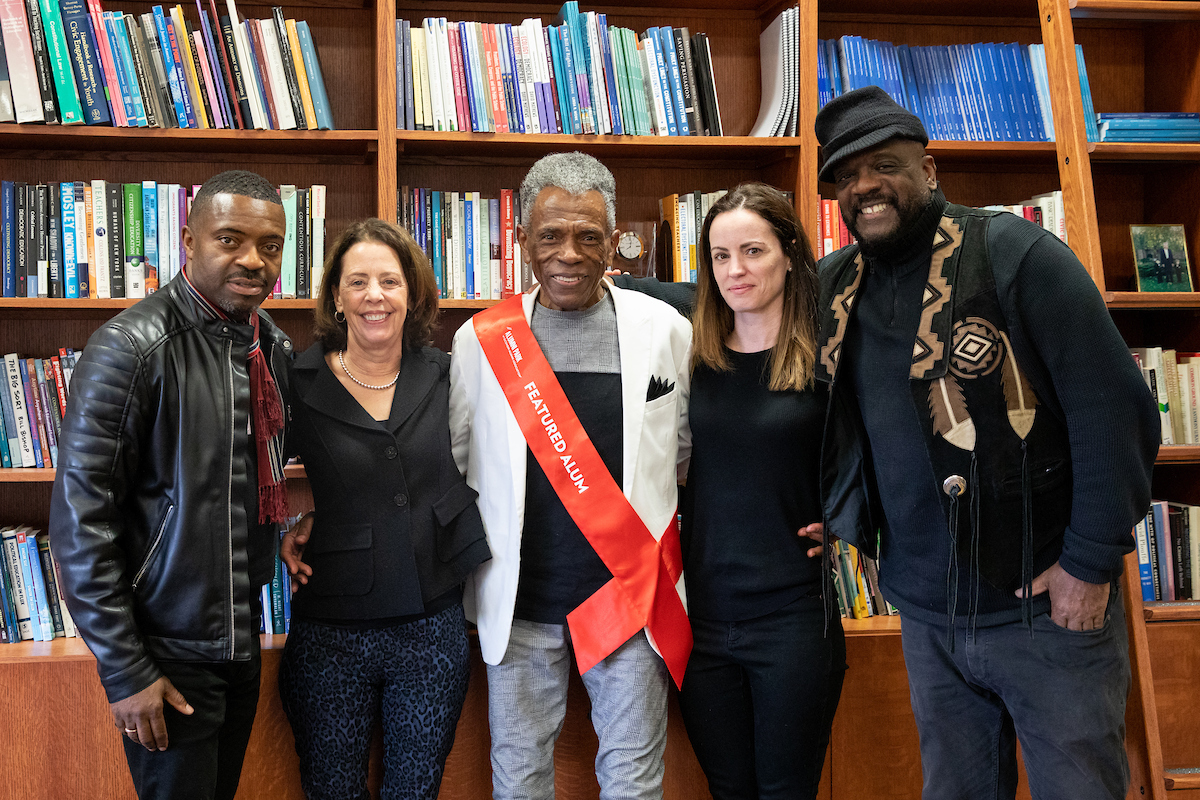 Broadway actor and UW–Madison alumnus André De Shields meets with Dean Diana Hess and School of Education faculty across the arts. From left: Faisal Abdu'Allah, Hess, De Shields, Kate Corby, and Baron Kelly