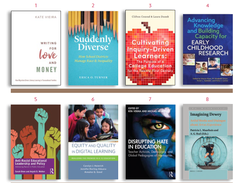 Bookshelf with book covers of recent publications