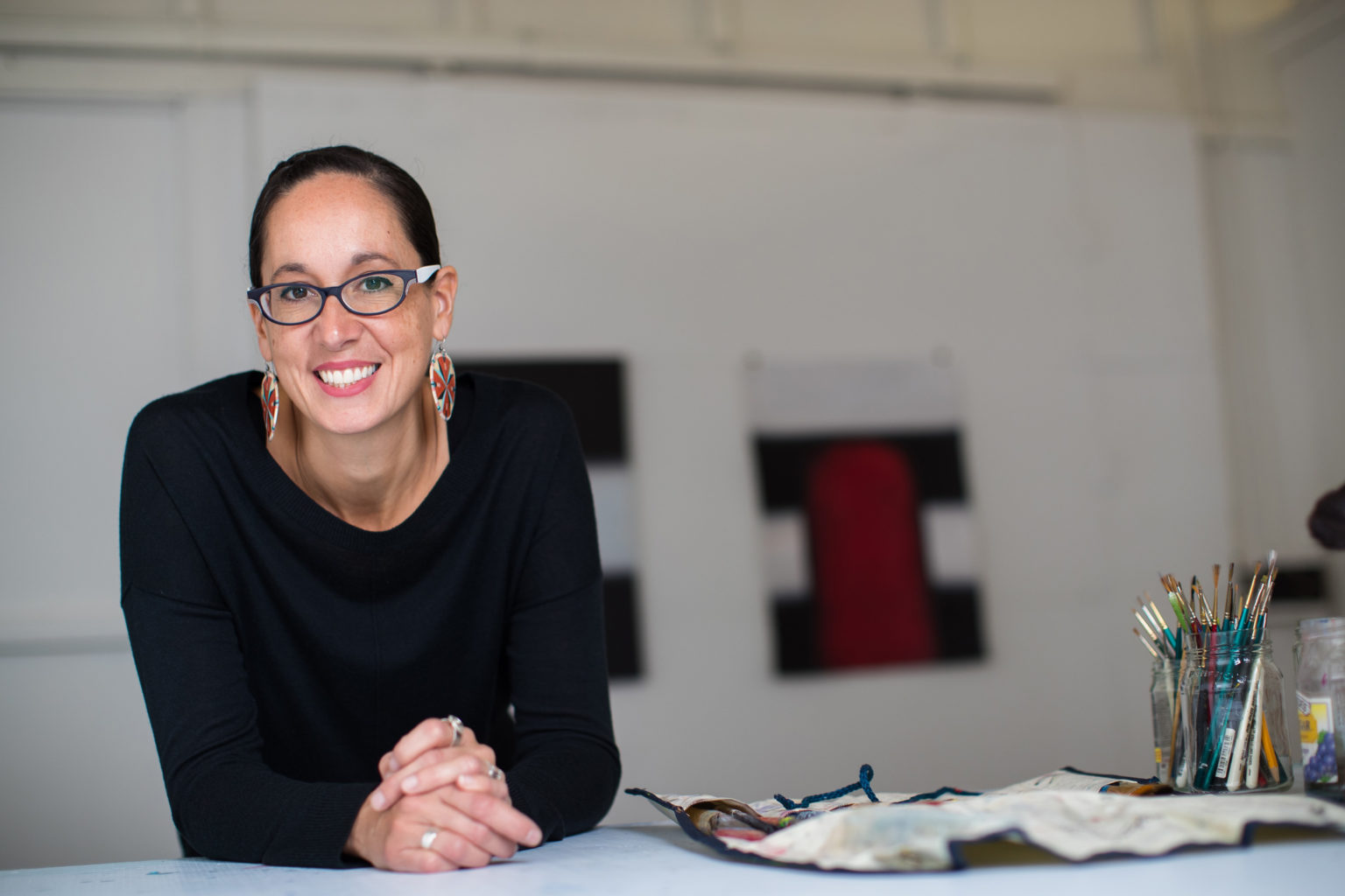 Dyani White Hawk in her studio