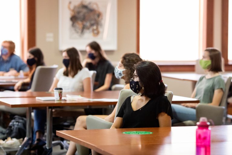 An educational psychology class listens to a lecture by Elizabeth Hagermoser in the Education Building’s Wisconsin Idea Room