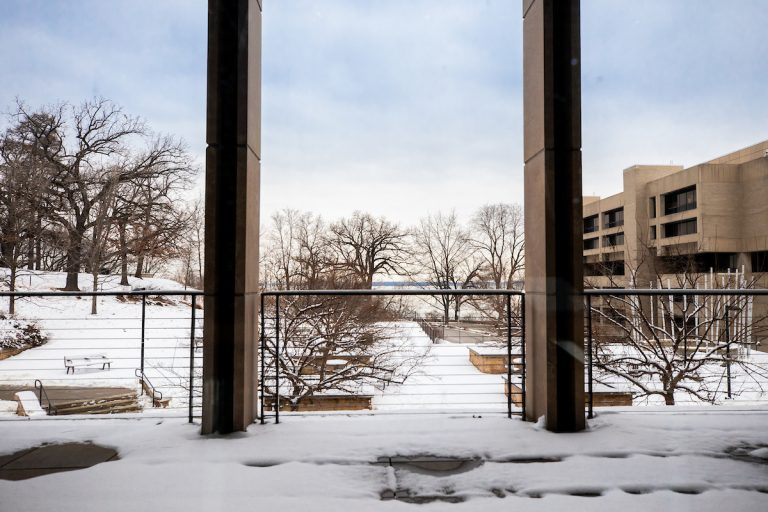 view of the snowy terrace of the education building looking out on lake mendota