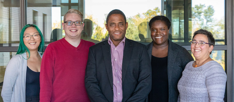The Office of Equity, Diversity, and Inclusion (OEDI) team includes (left to right) Sam Becker, director of teaching and innovation; Jason Roth, administrative specialist’; Percival Matthews, associate dean for equity, diversity, and inclusion; Maame Adomako, undergraduate program manager; and Tricia Dusick, graduate program manager.