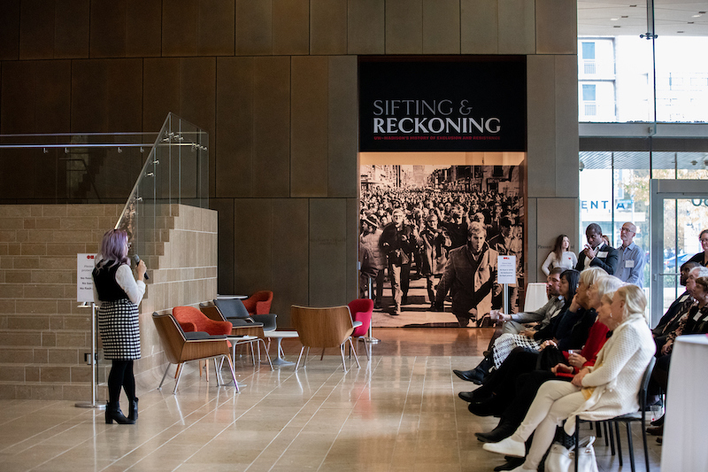 People sitting and listening to a talk at the Chazen Museum's 