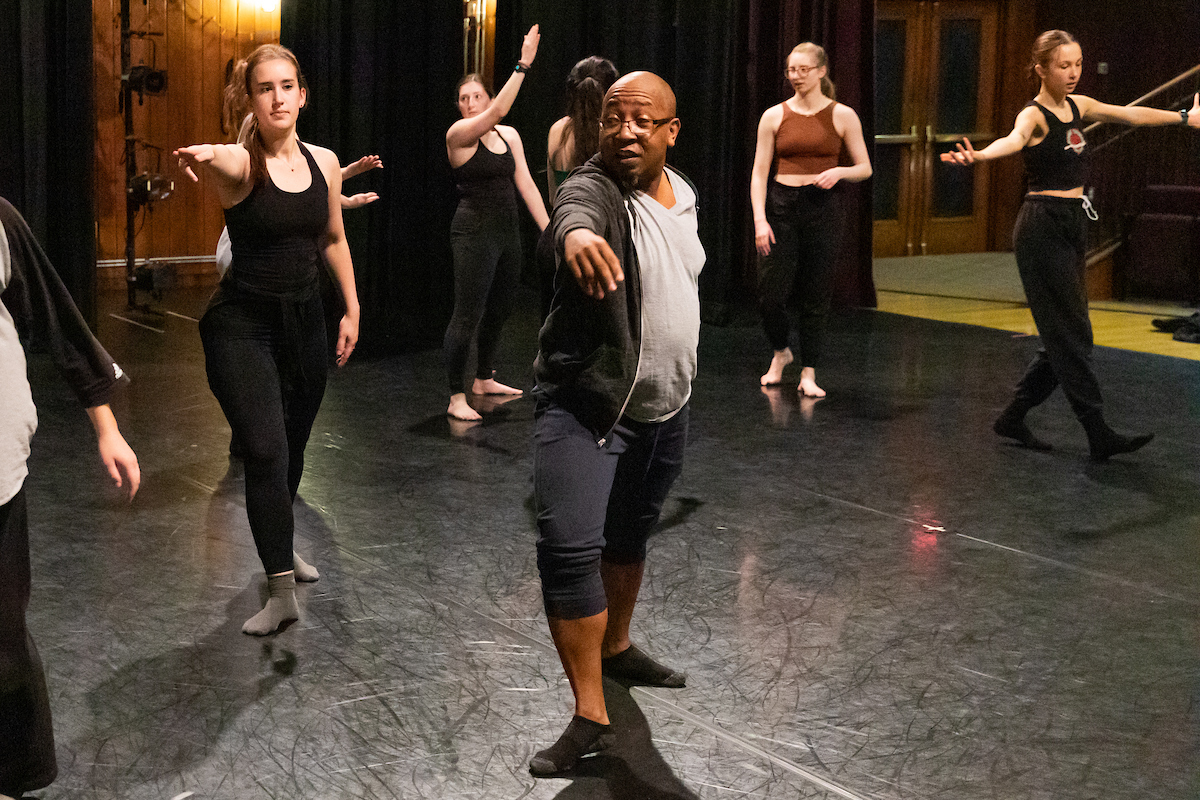 Charles Anderson works with dance students on choreography for "Manifesting Destiny"