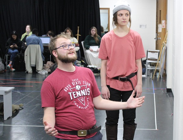 Grant Borcherding as Macduff and Anna Bogan as Malcolm in rehearsal