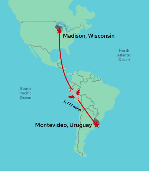 Map of a plane flight from Madison, Wisconsin to Montevideo, Uruguay