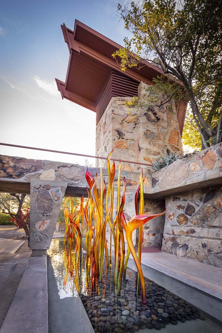 Chihuly’s “Fire Amber Herons,” 2021, at Taliesin West, Scottsdale, Arizona
