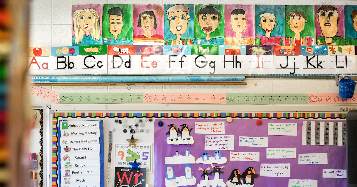 drawings from young students in a classroom