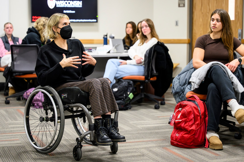 Taussig speaks with students in RPSE 10: Disability and Society taught by Dian Mawene in the Educational Sciences building