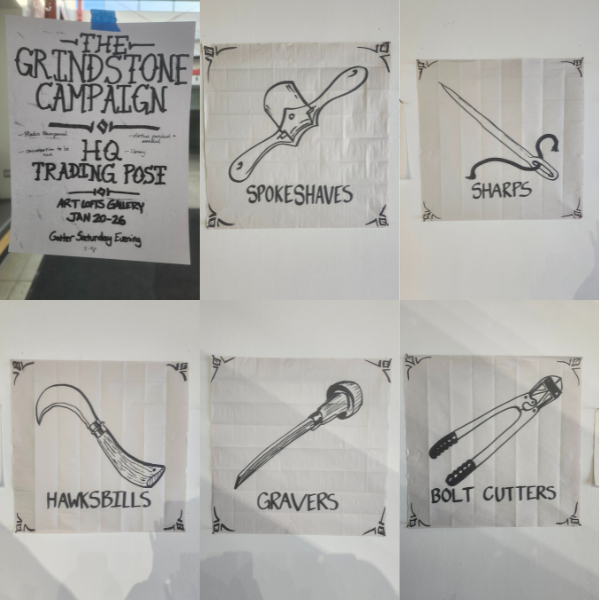 Drawings that were part of Matthew Everett's MFA thesis exhibition, "The Grindstone Campaign."