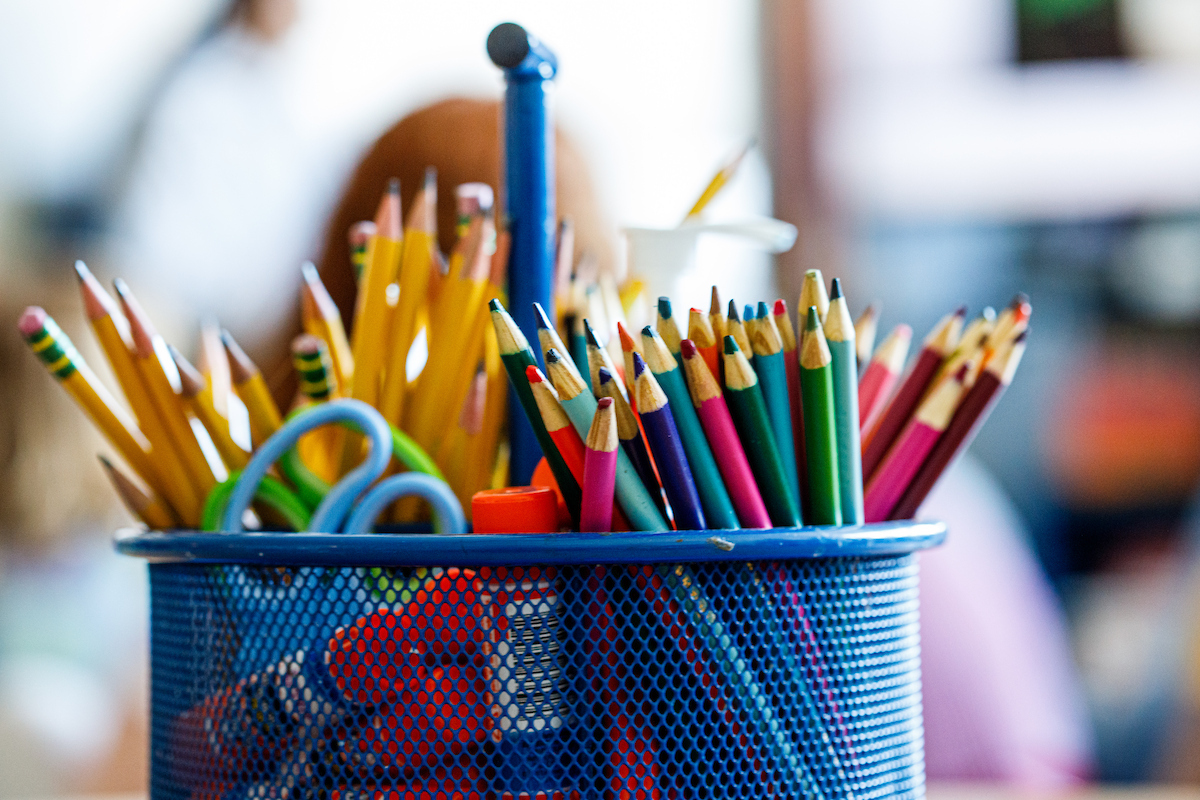 pencils and scissors in a elementary school classroom