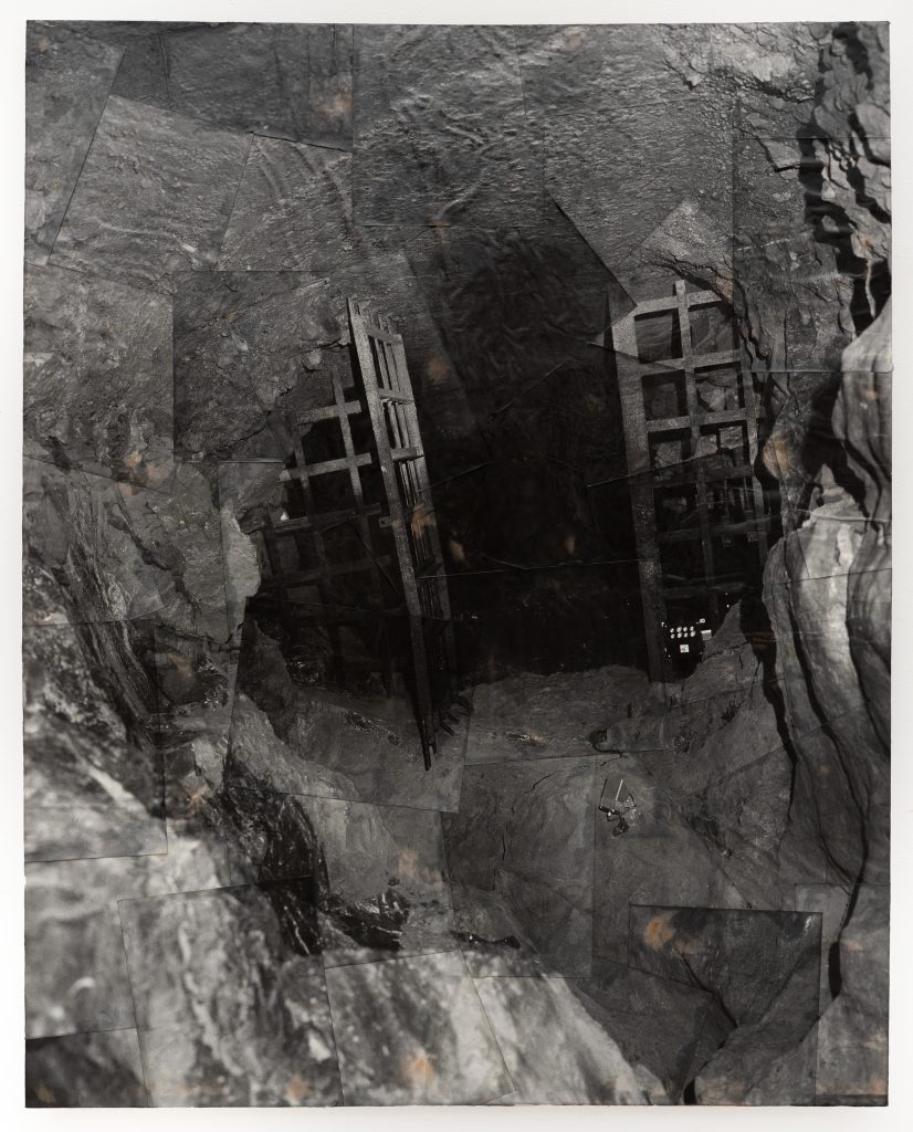 "Untitled (gate)," 40x50” silver gelatin prints + encaustic on wood panel, 2026
