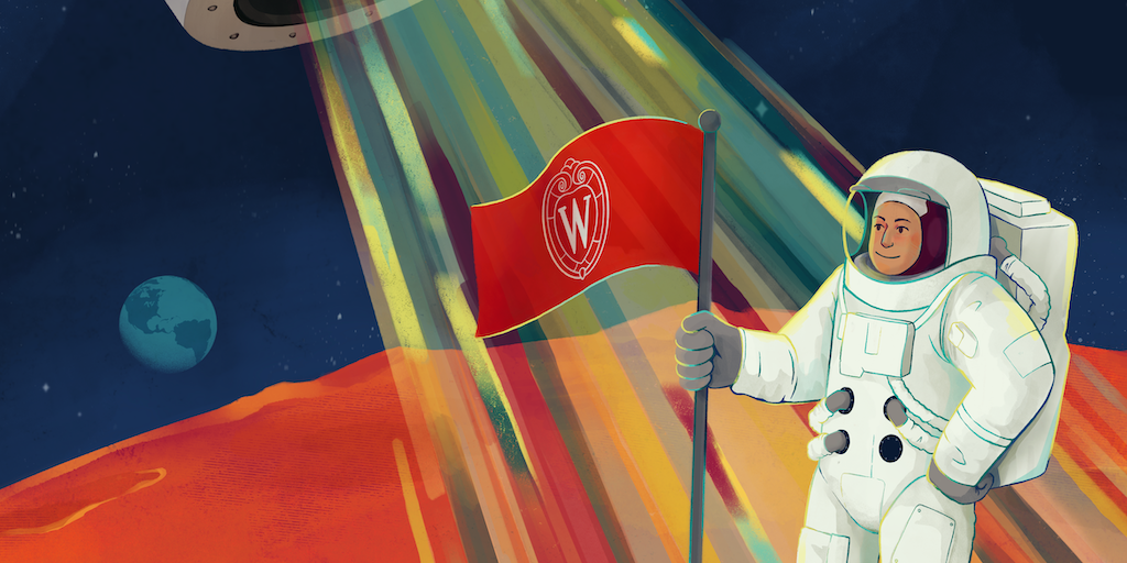 illustration of an astronaut holding a University of Wisconsin - Madison flag