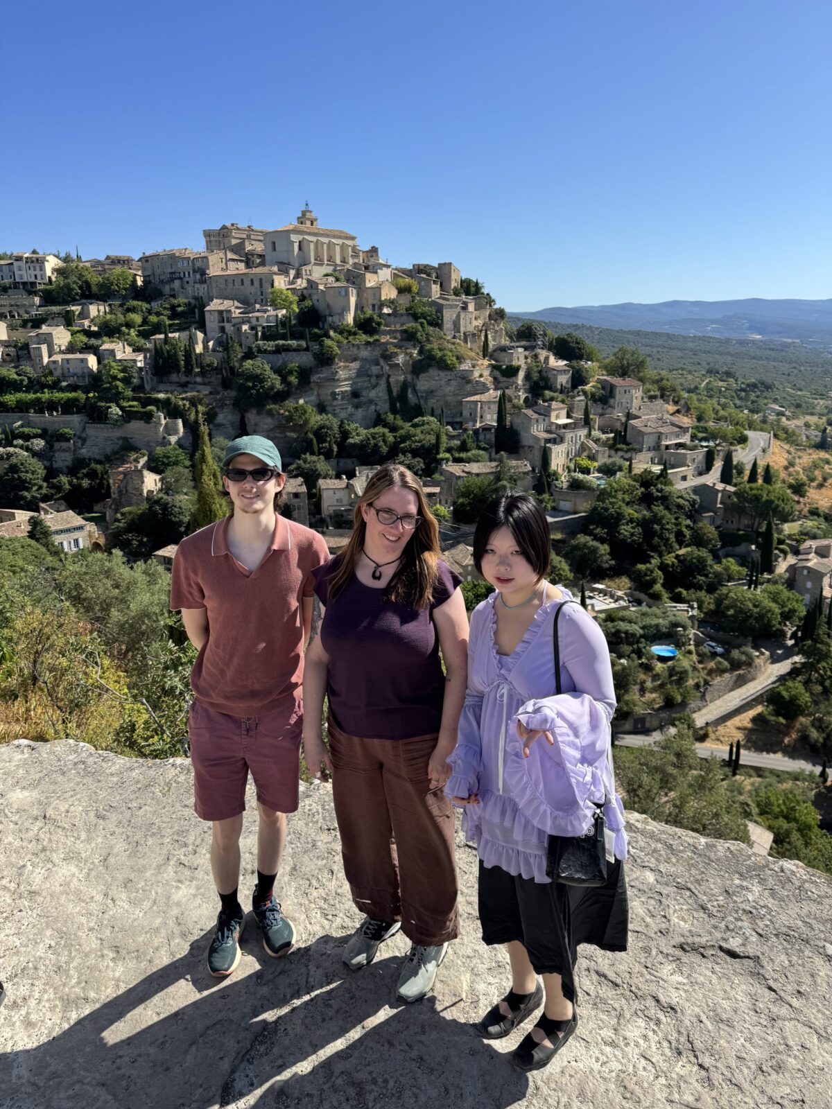 From left, Nicky Chier, Megan Reilly, and Olly Guo in France.