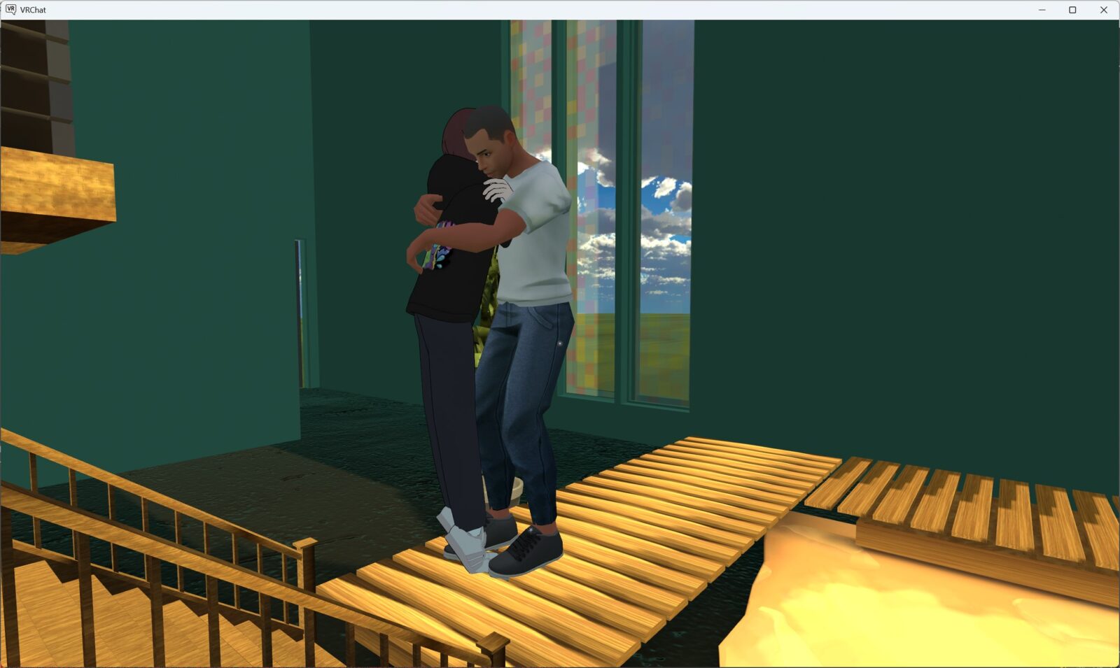 Nicky Chier (in white t-shirt) interacts with an audience member in virtual reality during a performance of "Beyond the Garden of Adrian."