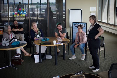 Field Day Lab Creative Director Sarah Gagnon addresses a group of librarians and Field Day Lab staff