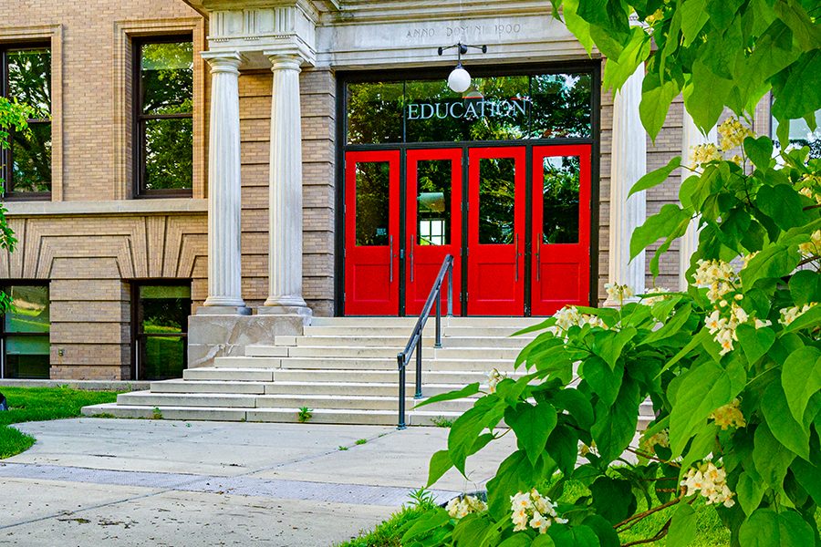 Photograph of the red doors of the Education building