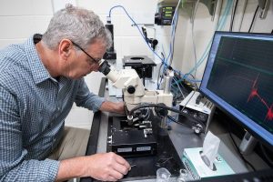 Diffee uses a high-powered microscope