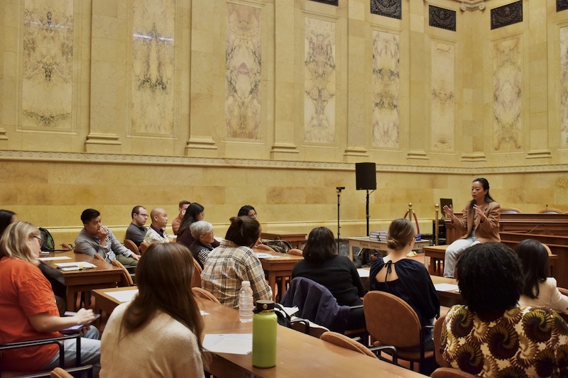 Students, faculty, and staff from the Department of Educational Policy Studies meet with Francesca Hong, who represents District 76 of the Wisconsin State Assembly.