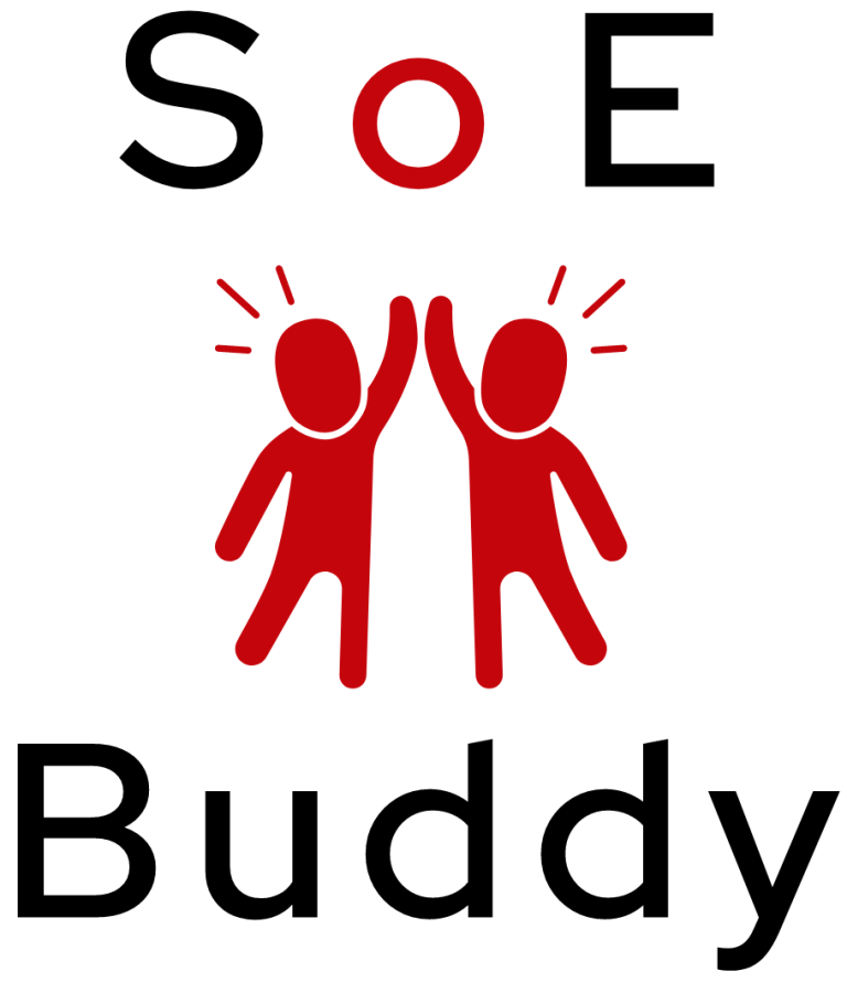 The SoE Buddy program logo showing two people clapping their hands together in the middle.