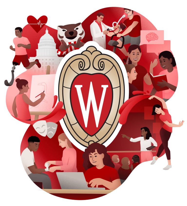 Illustration of students throughout the different fields of Arts, Education, and Health