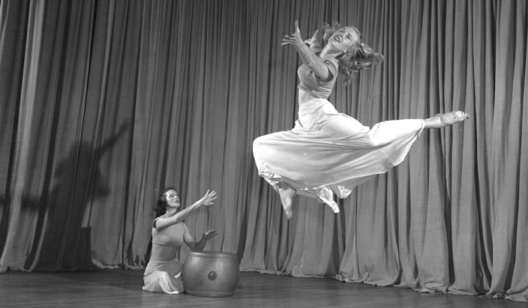 Black and white photo of an early dance performance at University of Wisconsin Madison