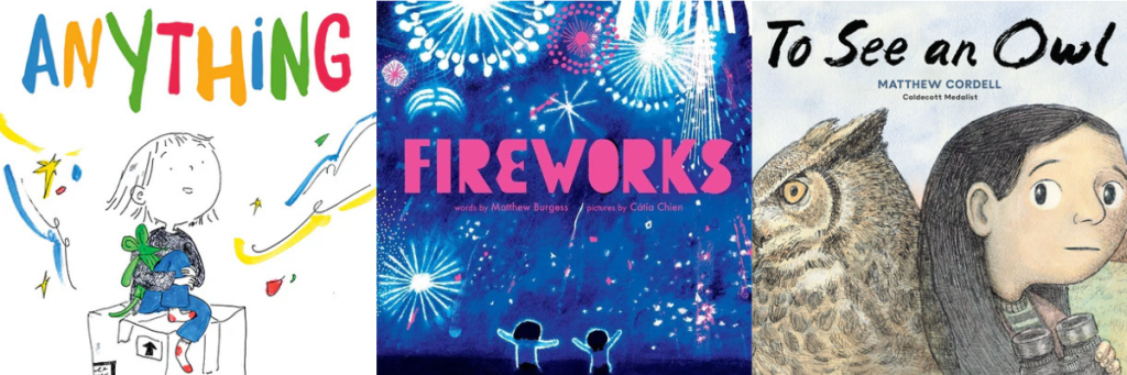 "Anything," "Fireworks," and "To See an Owl" book covers.